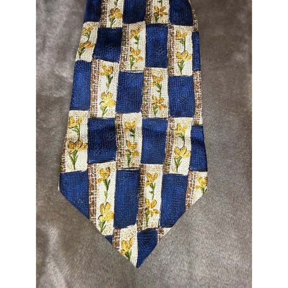 VTG Alexander Julian Colours Silk Tie Navy Gold Floral Preppy 90s Menswear